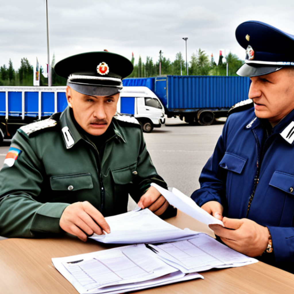 **Image Prompt:** A busy customs checkpoint at a Russian border crossing. Trucks line up, and customs officers inspect documents. In the foreground, a stressed logistics manager reviews paperwork, highlighting the importance of accurate documentation and professional customs brokers. The scene should convey a sense of urgency and the potential for delays.