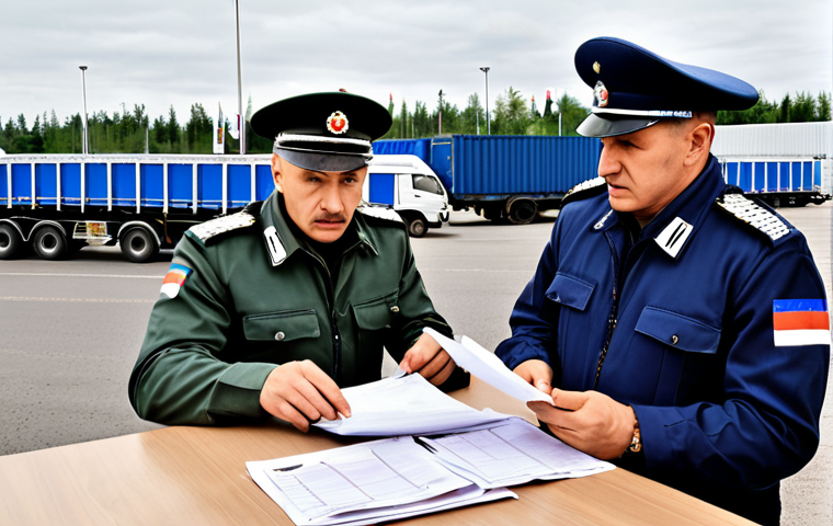 **Image Prompt:** A busy customs checkpoint at a Russian border crossing. Trucks line up, and customs officers inspect documents. In the foreground, a stressed logistics manager reviews paperwork, highlighting the importance of accurate documentation and professional customs brokers. The scene should convey a sense of urgency and the potential for delays.