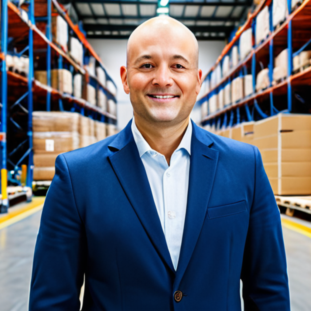**
"A professional logistics manager, fully clothed in a smart-casual outfit (e.g., collared shirt, chinos, blazer), standing in a modern, brightly lit warehouse. Pallets of goods and automated guided vehicles (AGVs) are visible in the background. Focus on a confident and approachable expression. Safe for work, appropriate content, professional, perfect anatomy, correct proportions, well-formed hands, proper finger count, natural body proportions, modest."
**