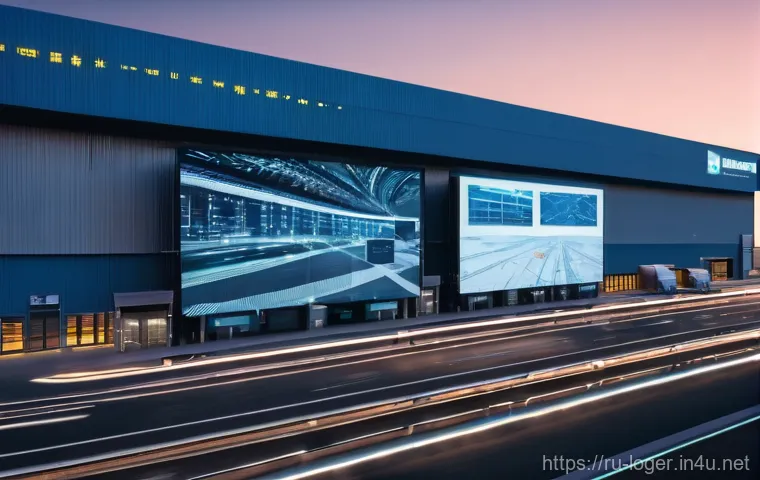 물류관리사 자격증 난이도 - **Prompt:** A sprawling, highly detailed ultra-modern logistics hub in Russia at dusk. The scene sho...