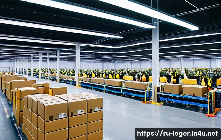 물류관리사 물류 프로세스 이해 - A modern logistics warehouse interior with well-organized storage racks, automated conveyor belts, a...