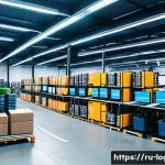 물류관리사와 리버스 물류 전략 - A modern warehouse interior with automated robotic arms sorting and packing parcels efficiently, wor...
