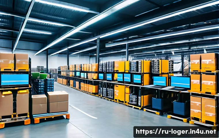 물류관리사와 리버스 물류 전략 - A modern warehouse interior with automated robotic arms sorting and packing parcels efficiently, wor...