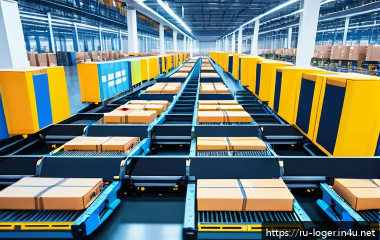 물류관리사 직무별 요구 역량 - A modern logistics warehouse interior showcasing advanced automation technology: robotic arms sortin...