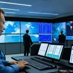 물류관리사와 특수 물류 사례 - A modern Russian special cargo transportation control center with large digital screens displaying r...