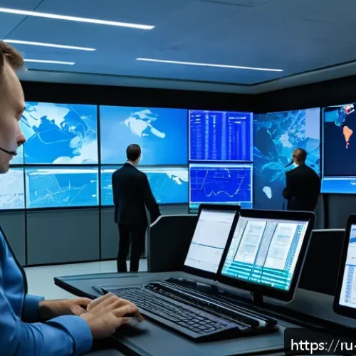 물류관리사와 특수 물류 사례 - A modern Russian special cargo transportation control center with large digital screens displaying r...