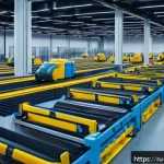 물류관리사와 창고 자동화 사례 - A modern Russian warehouse interior showcasing advanced robotics and automated sorting systems in ac...
