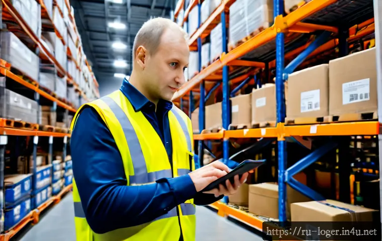 Home 17 물류관리사와 4차 산업혁명 - Photorealistic modern Russian logistics warehouse, experienced logistics manager in smart casual att...